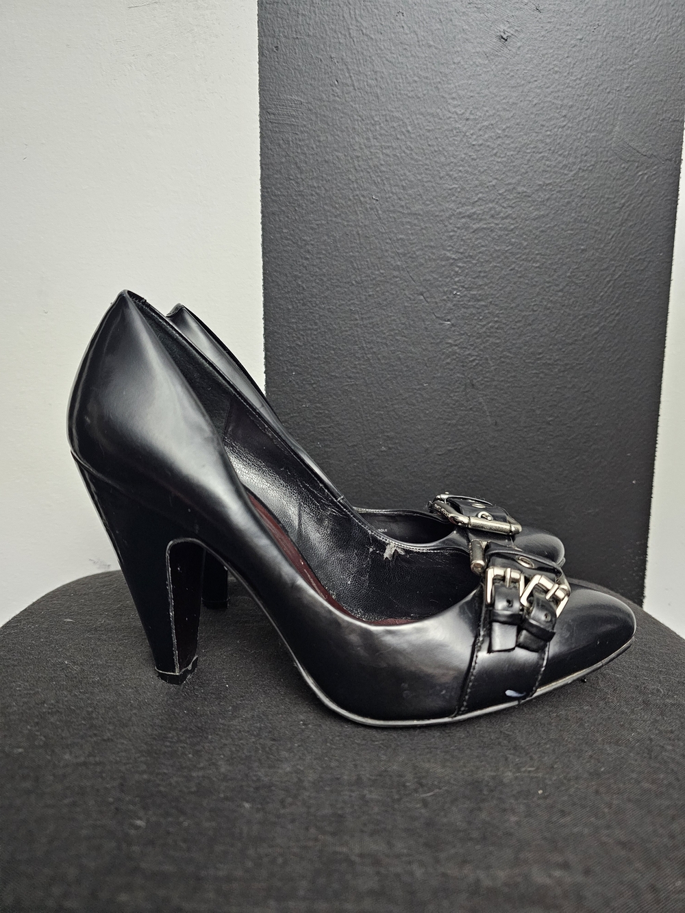 Jessica Simpson Black Patent Leather Heels with Silver Buckle Accent
